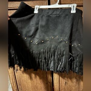 Black Fringe Faux Suede Mini Skirt with Stud Detail